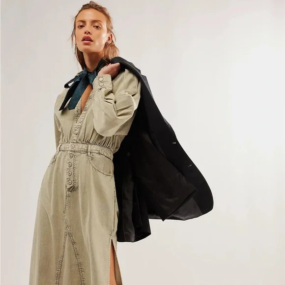 Free People Sage Denim Midi Dress Light Khaki Long Sleeve